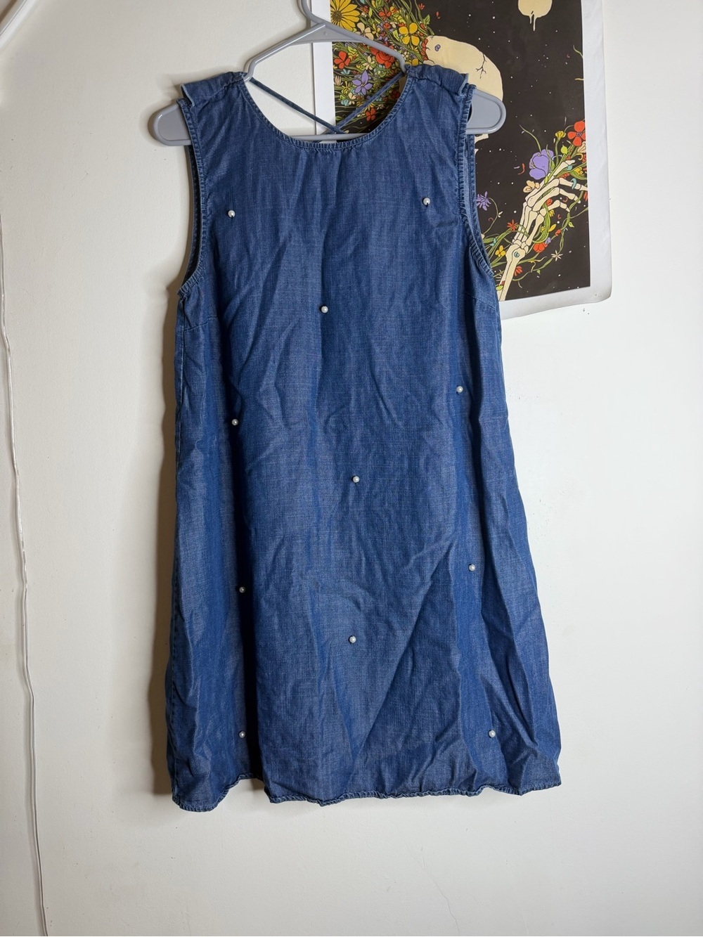 Blue Rain Denim-Look Pearl Detail Mini Dress